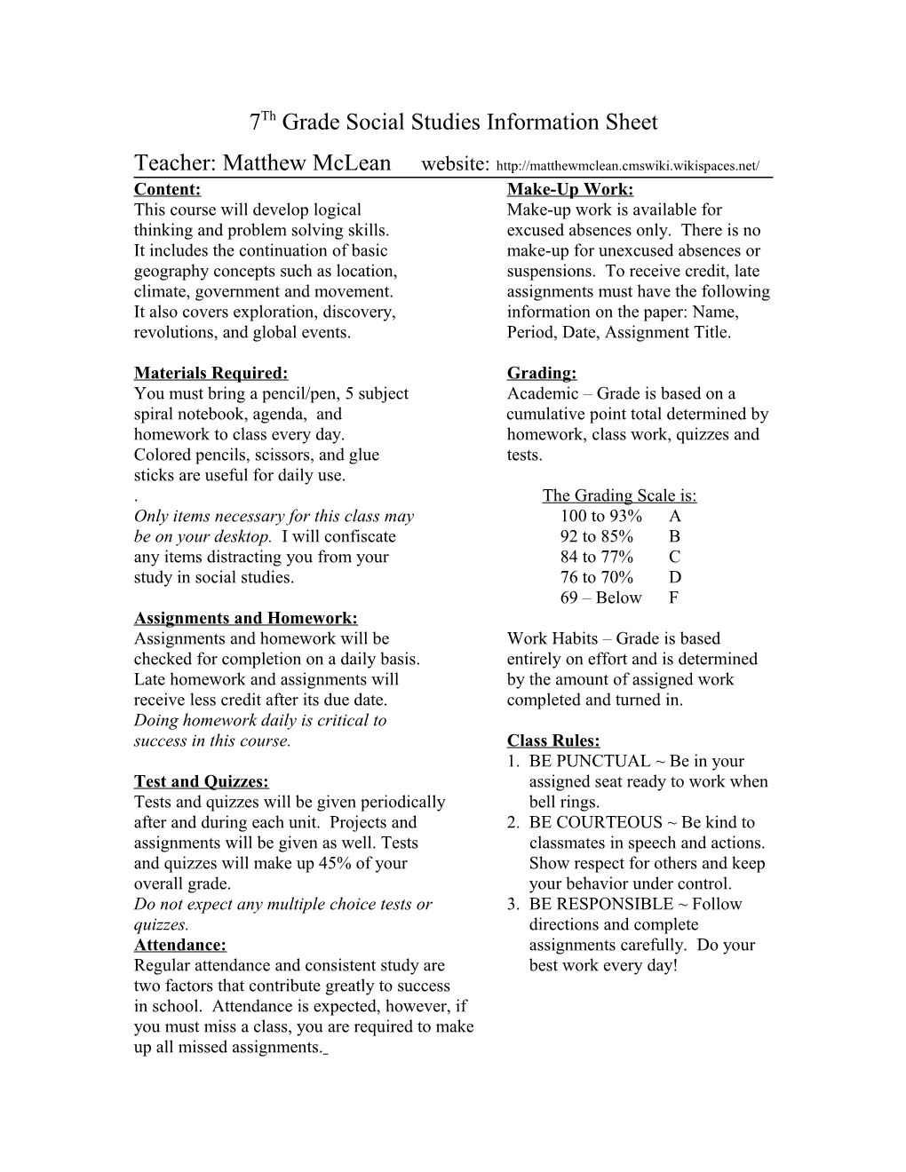 7Th Grade Social Studies Information Sheet