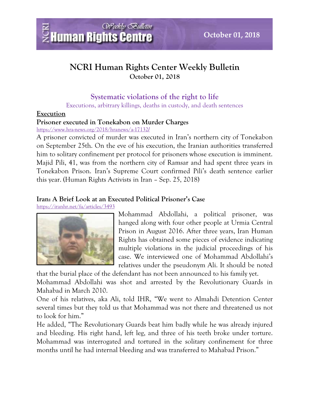 NCRI Human Rights Center Weekly Bulletin October 01, 2018