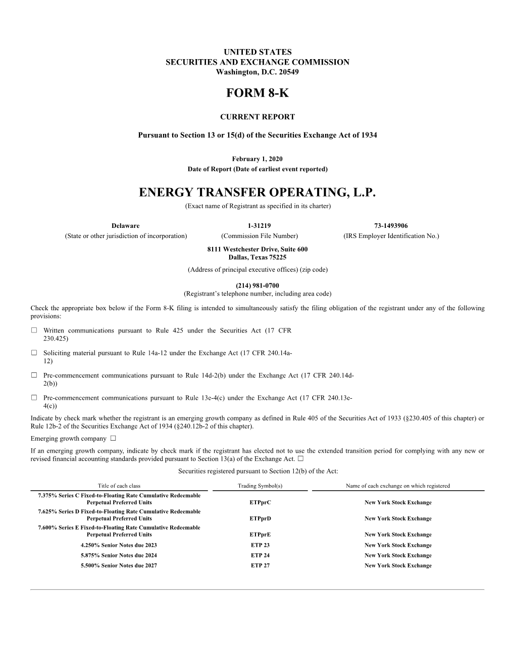 Form 8-K Energy Transfer Operating, L.P