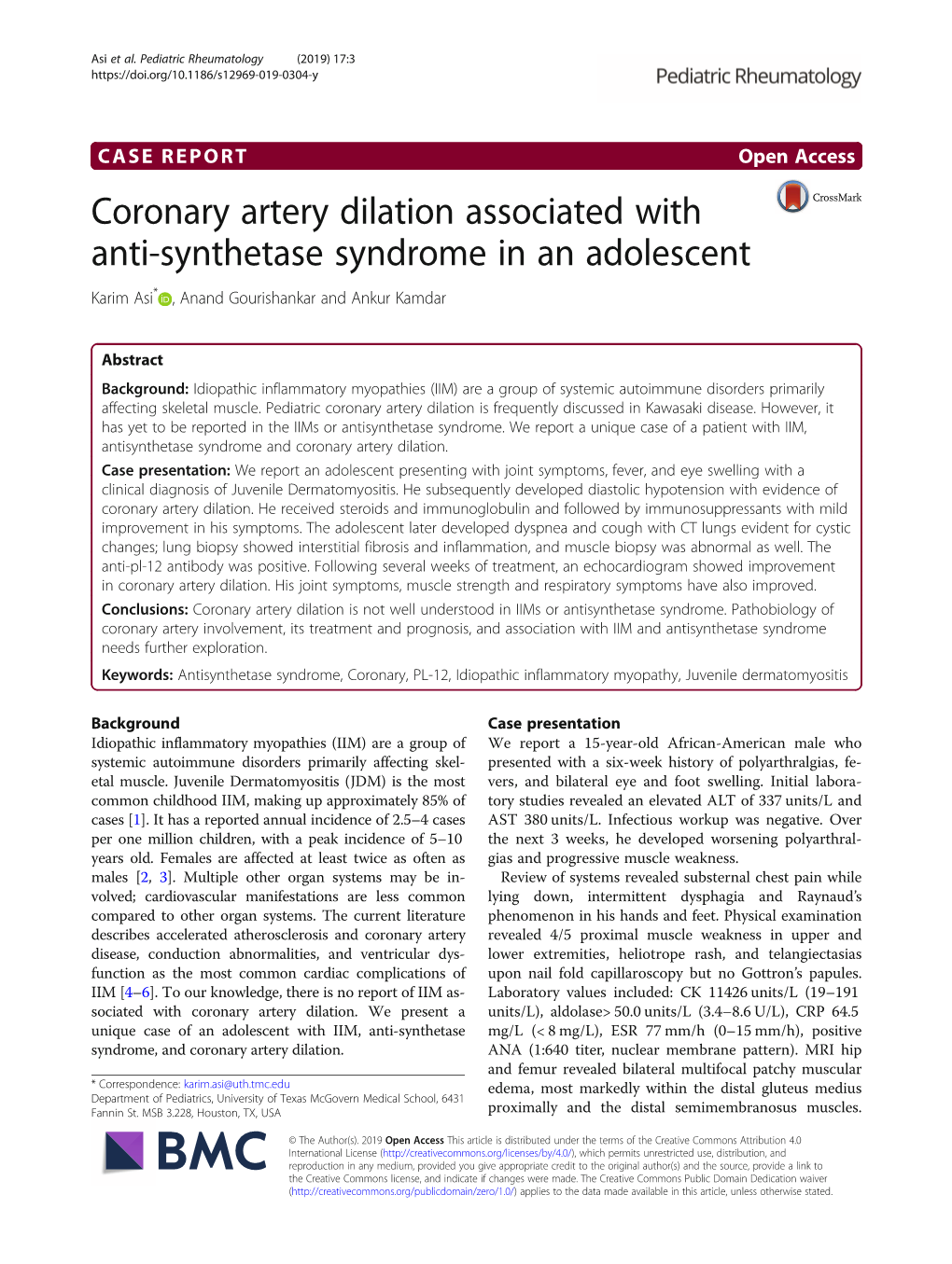 Coronary Artery Dilation Associated with Anti-Synthetase Syndrome in an Adolescent Karim Asi* , Anand Gourishankar and Ankur Kamdar