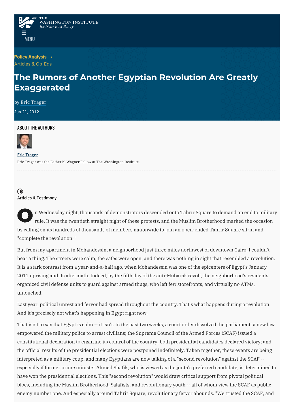 The Rumors of Another Egyptian Revolution Are Greatly Exaggerated by Eric Trager
