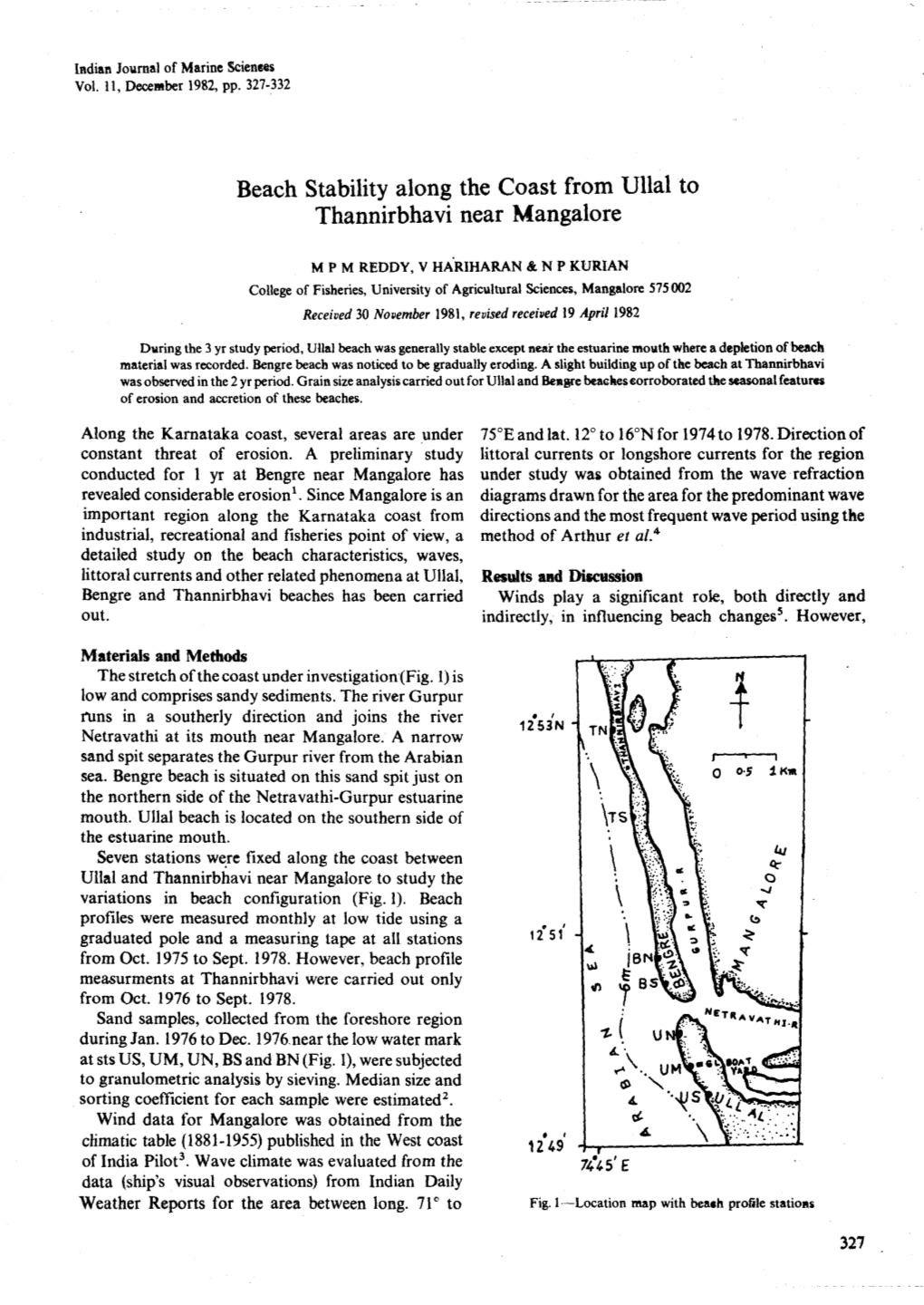 Beach Stability Along the Coast from Uual to Thannirbha Vi Near Mangalore