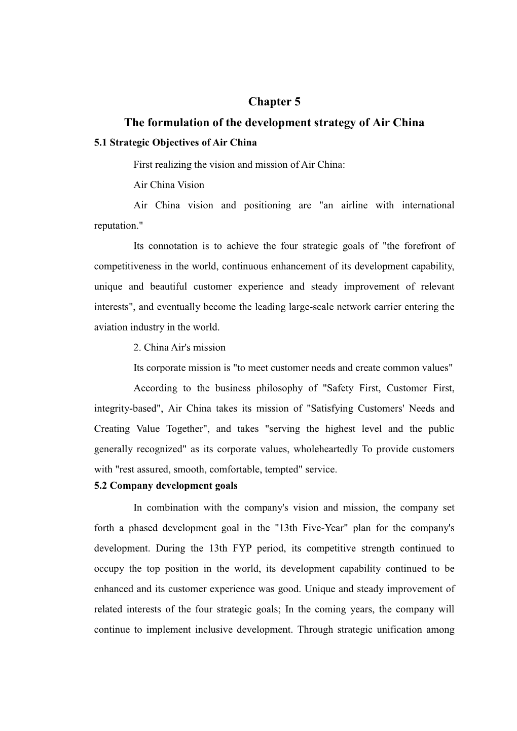 Chapter 5 the Formulation of the Development Strategy of Air China 5.1 Strategic Objectives of Air China