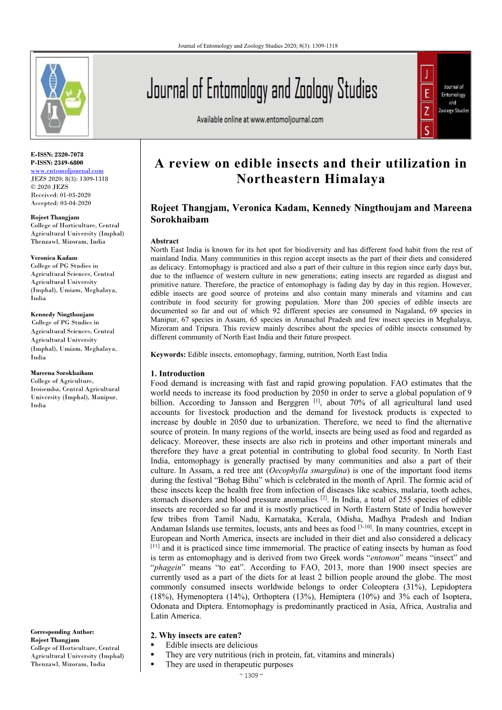 A Review on Edible Insects and Their Utilization in Northeastern Himalaya