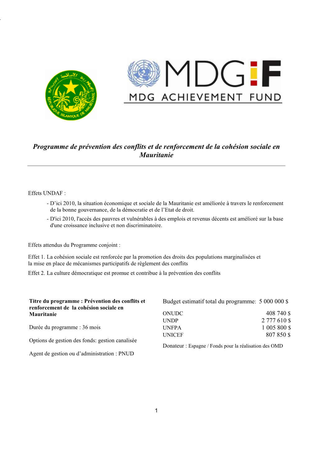 Programme De Prévention Des Conflits Et De Renforcement De La Cohésion Sociale En Mauritanie