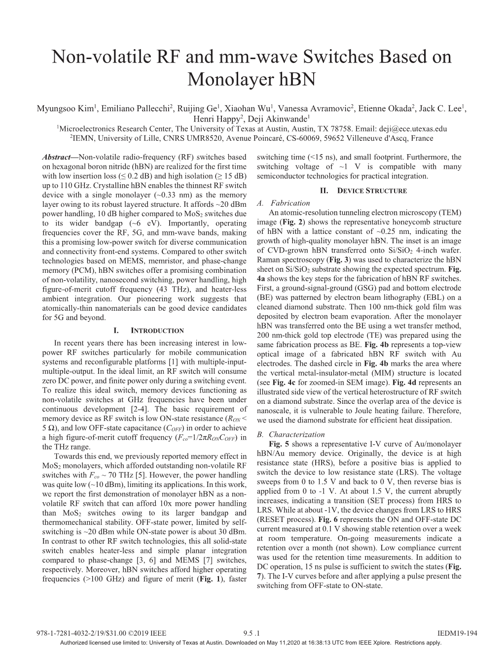 Non-Volatile RF and Mm-Wave Switches Based on Monolayer Hbn