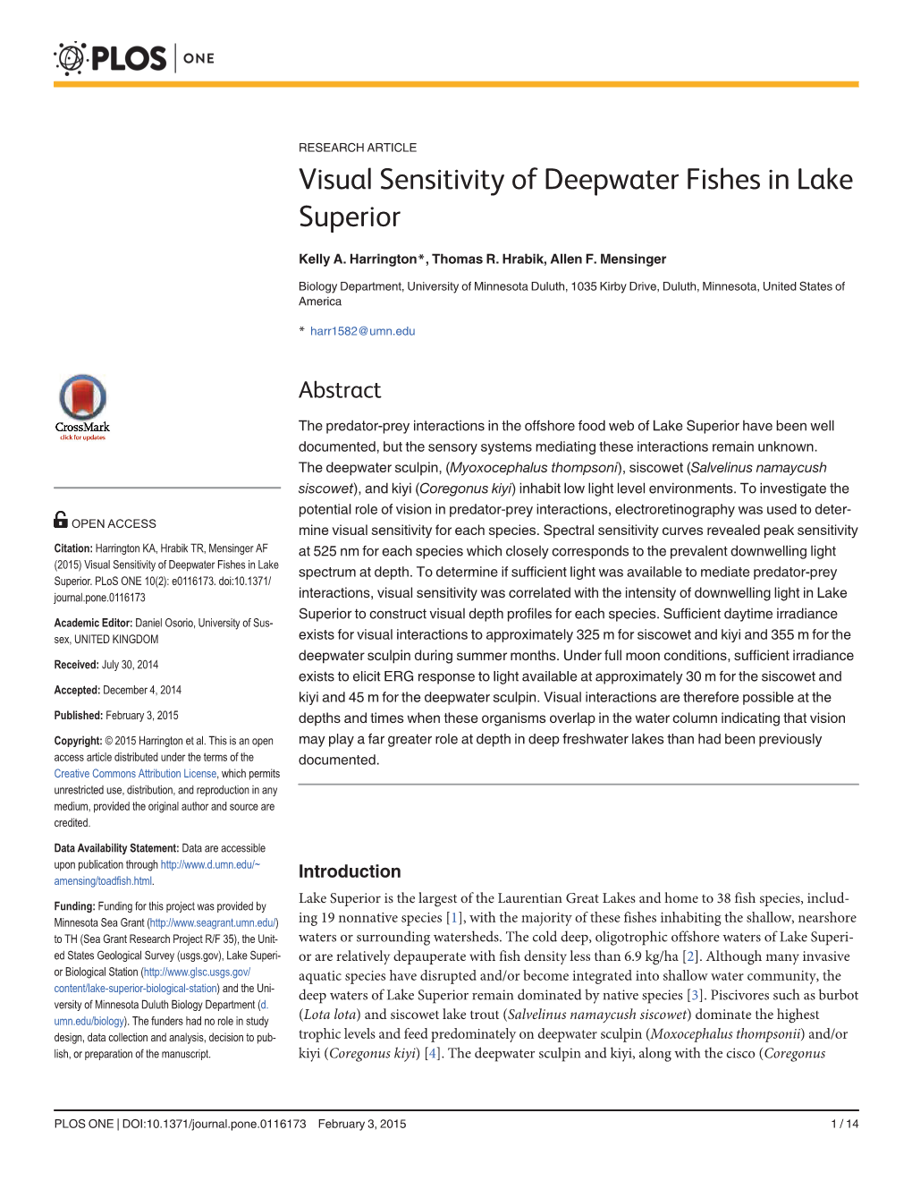 Visual Sensitivity of Deepwater Fishes in Lake Superior