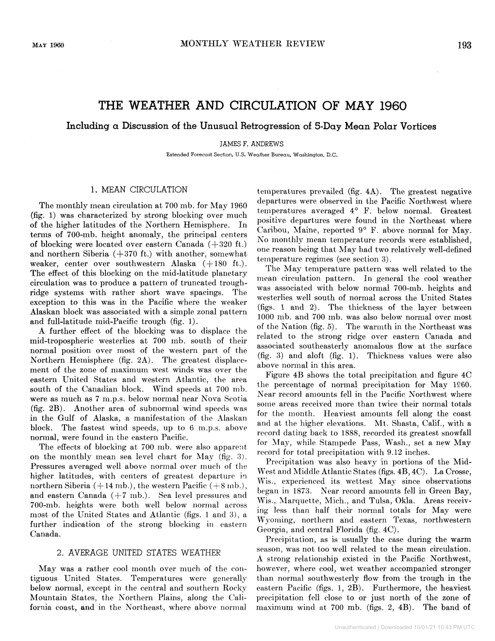 THE WEATHER and CIRCULATION of MAY 1960 Including a Discussion of the Unusual Retrogression of 5-Day Mean Polar Vortices