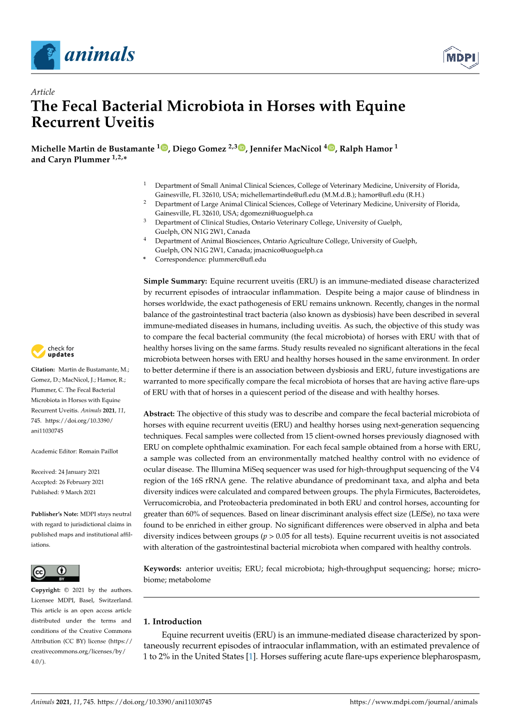 The Fecal Bacterial Microbiota in Horses with Equine Recurrent Uveitis