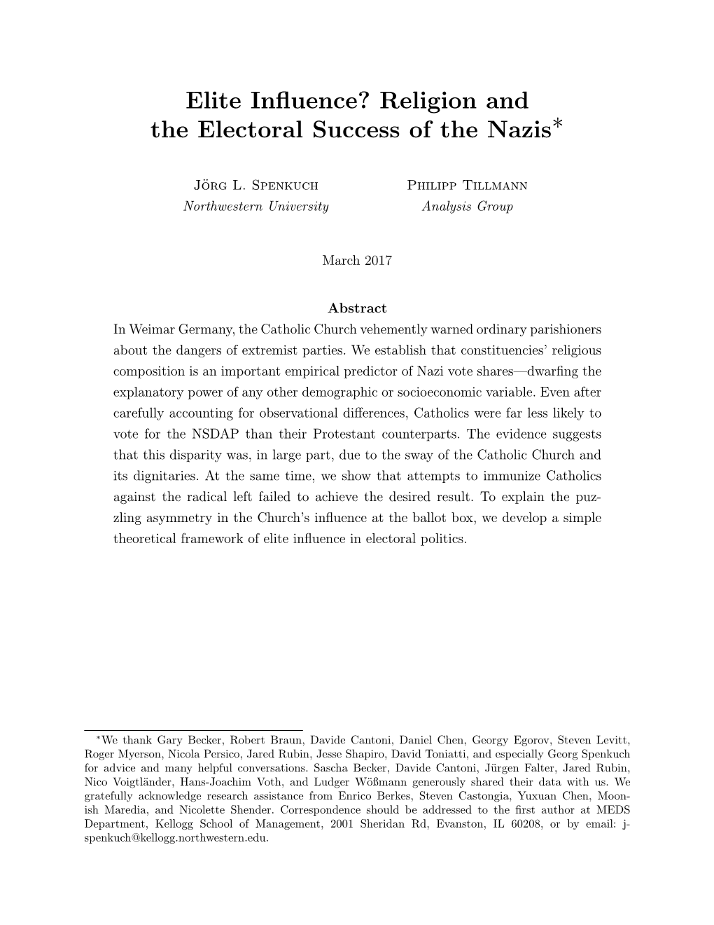 Religion and the Electoral Success of the Nazis∗