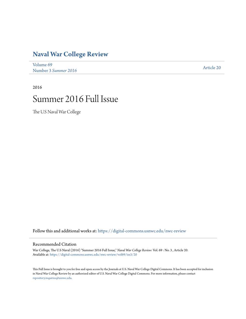 Summer 2016 Full Issue the .SU Naval War College