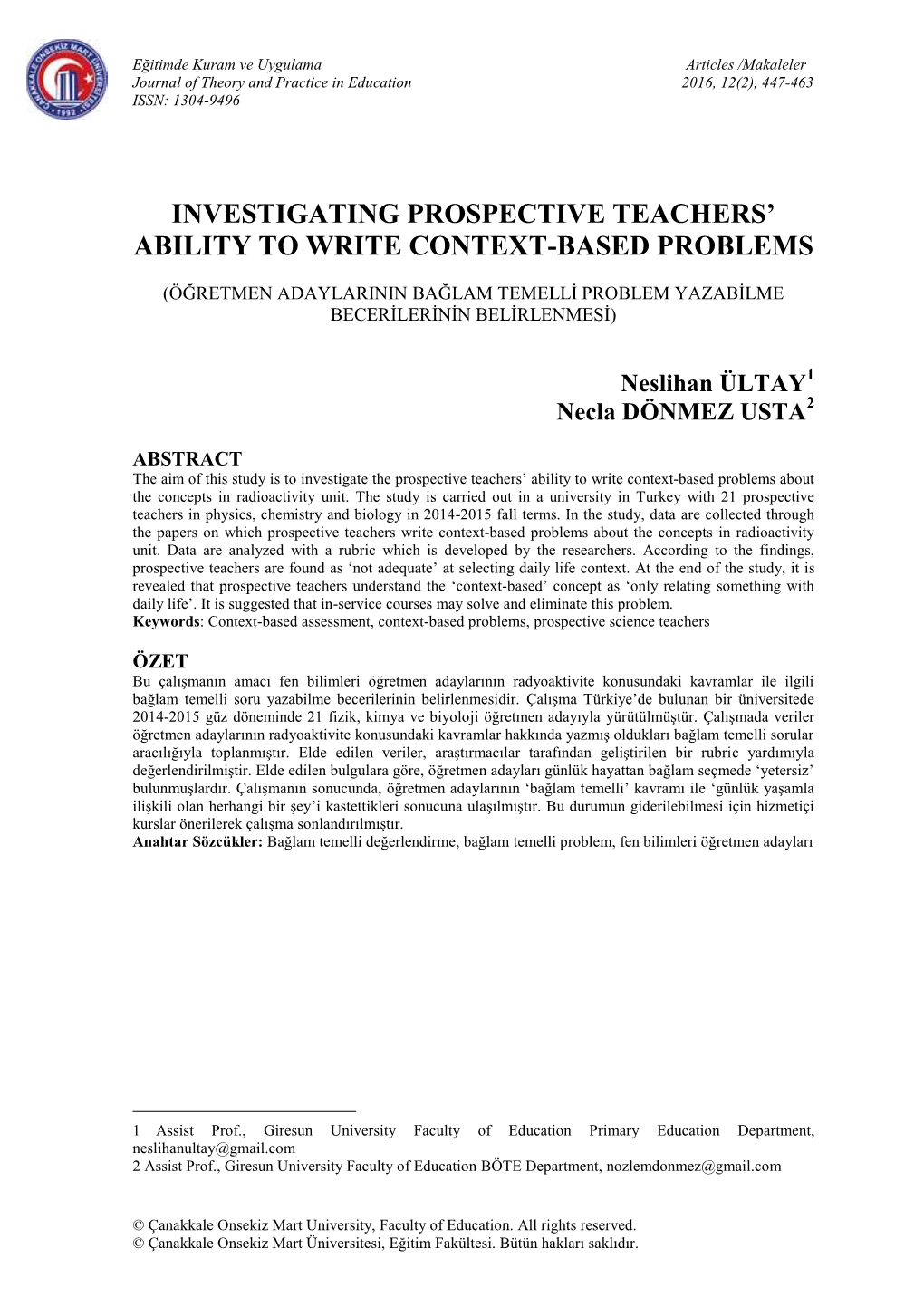 Investigating Prospective Teachers' Ability to Write Context