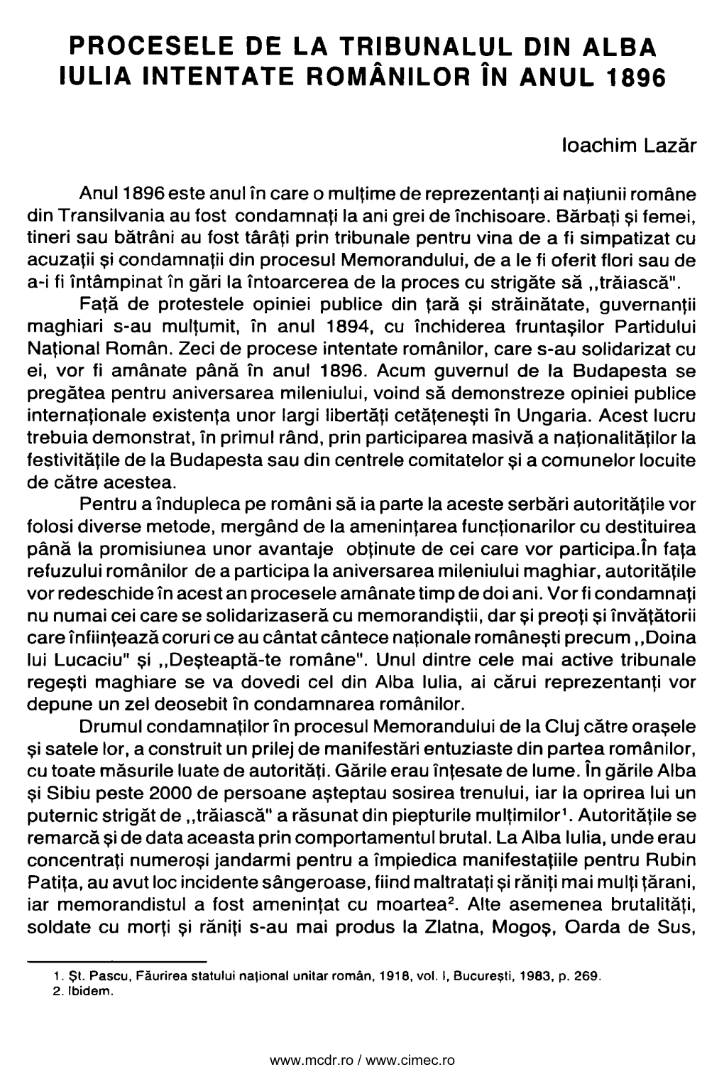 Procesele De La Tribunalul Din Alba Iulia Intentate Românilor În Anul 1896