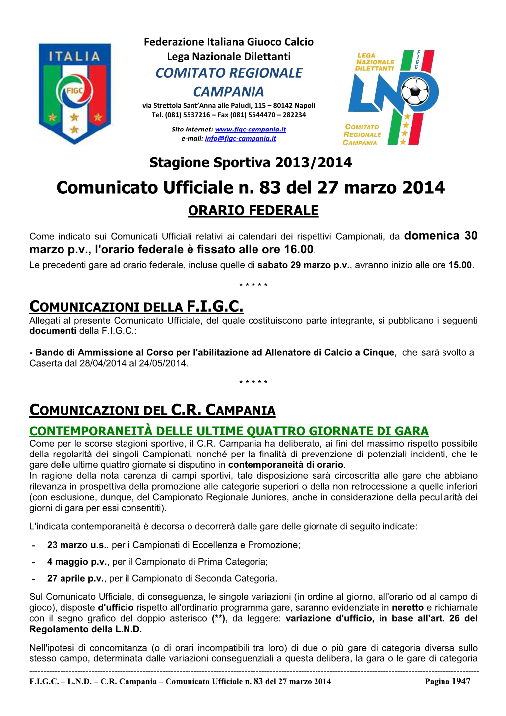 Comunicato Ufficiale N. 83 Del 27 Marzo 2014