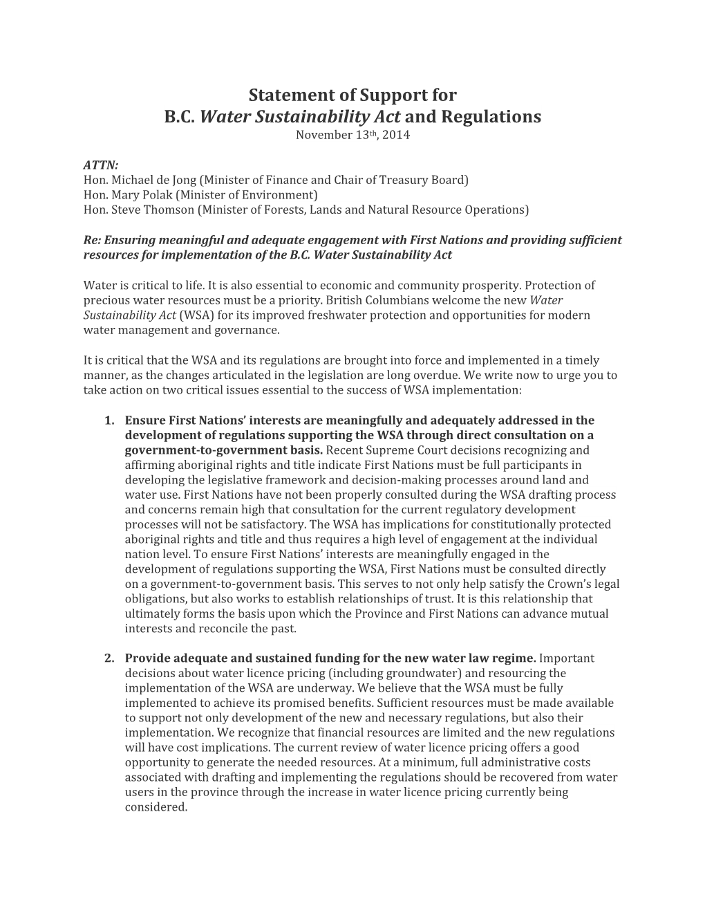 Statement of Support for B.C. Water Sustainability Act and Regulations November 13Th, 2014