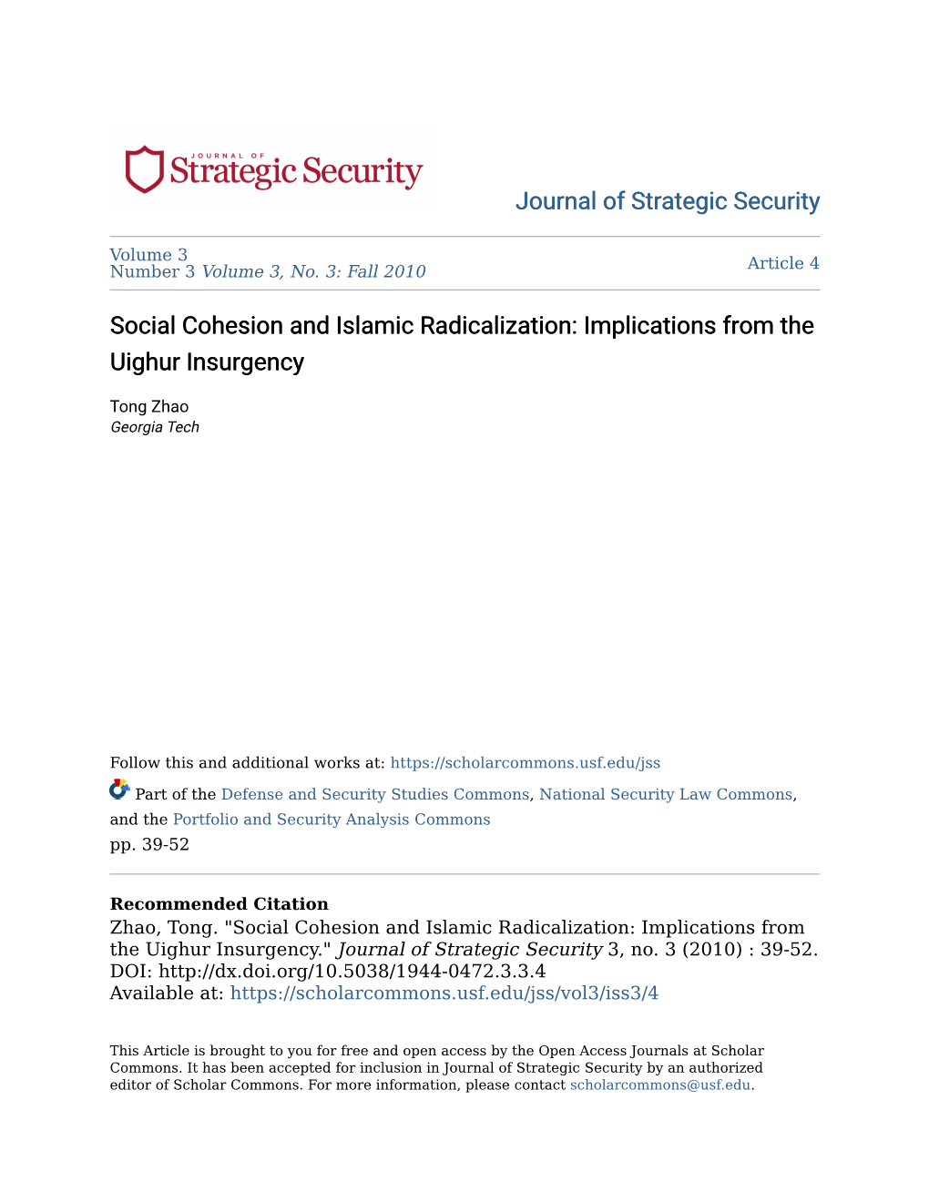 Social Cohesion and Islamic Radicalization: Implications from the Uighur Insurgency