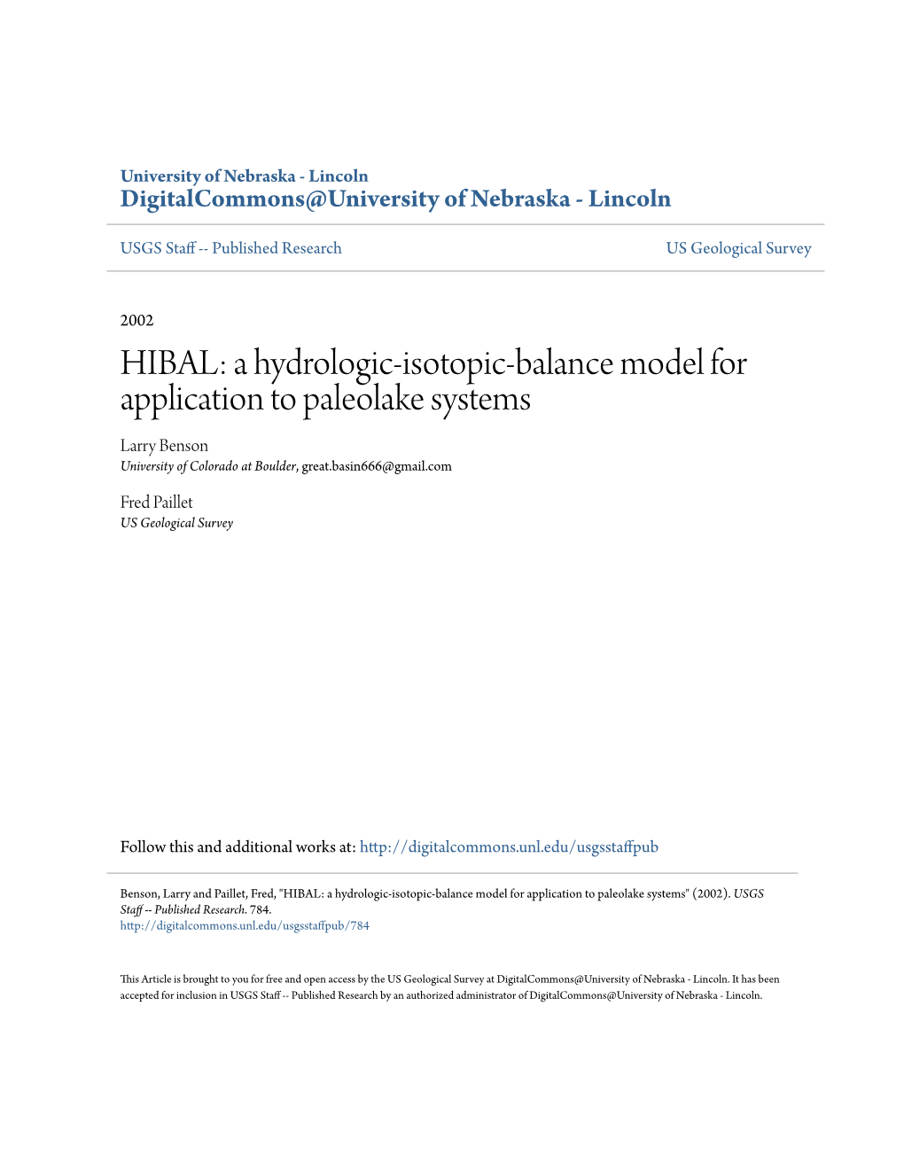 A Hydrologic-Isotopic-Balance Model for Application to Paleolake Systems Larry Benson University of Colorado at Boulder, Great.Basin666@Gmail.Com