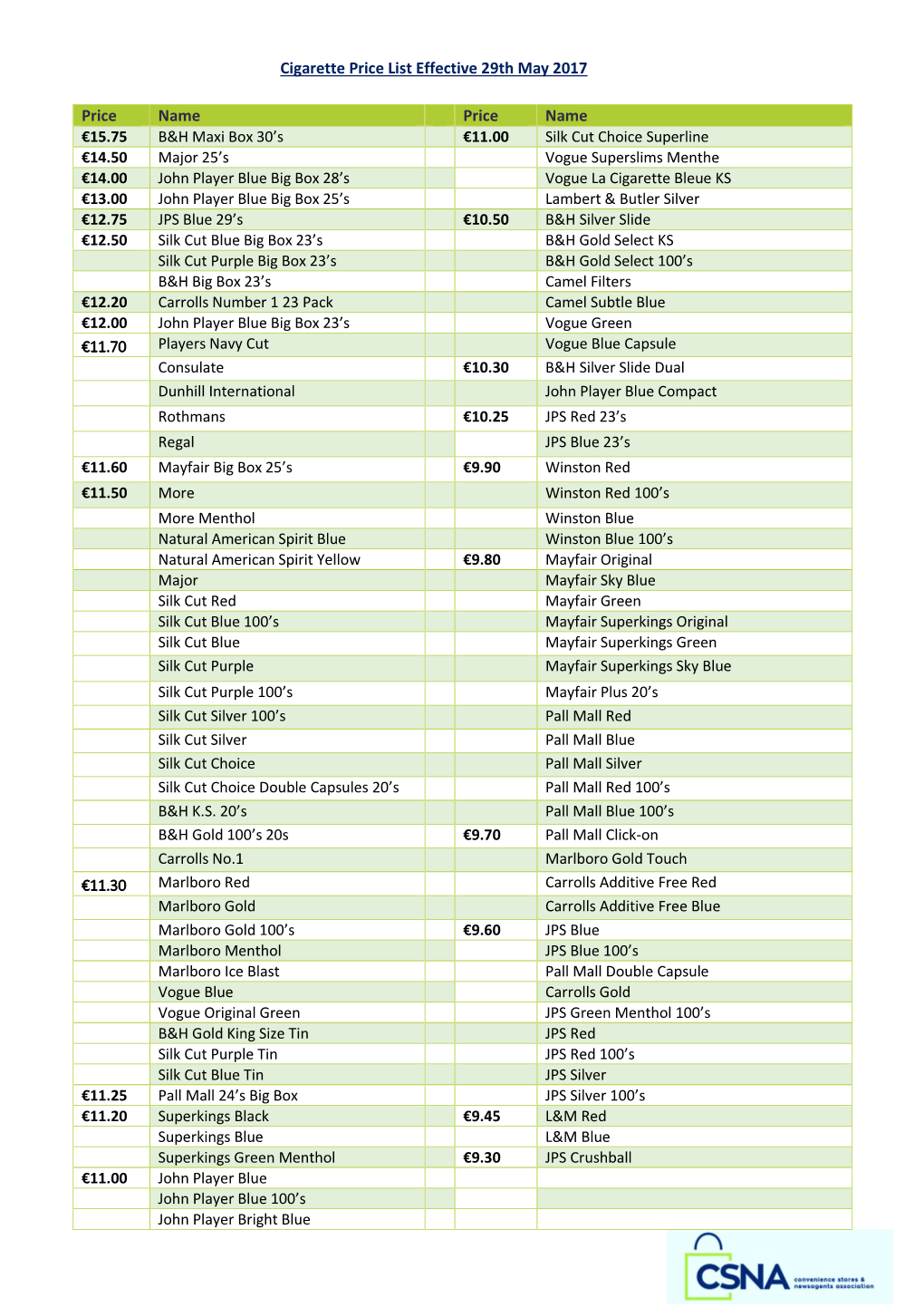 Price Name Price Name Cigarette Price List Effective 29Th May 2017