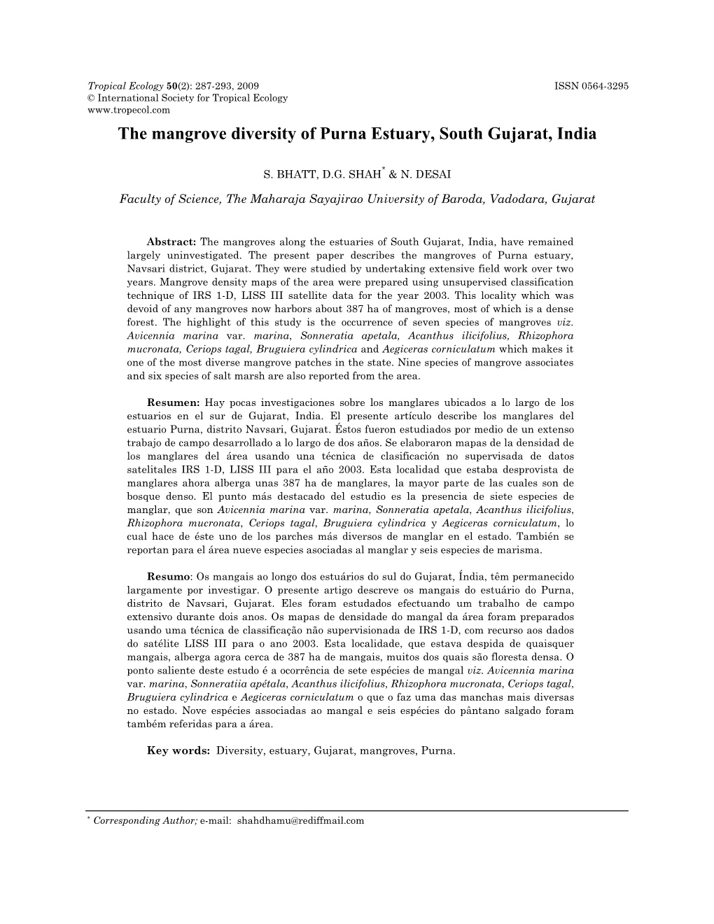 The Mangrove Diversity of Purna Estuary, South Gujarat, India