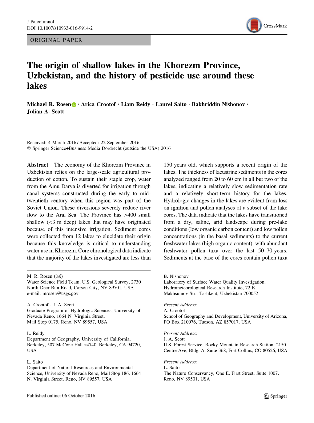 The Origin of Shallow Lakes in the Khorezm Province, Uzbekistan, and the History of Pesticide Use Around These Lakes