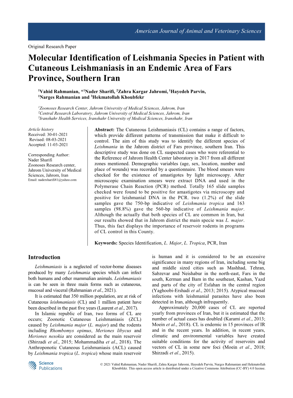 Molecular Identification of Leishmania Species in Patient with Cutaneous Leishmaniasis in an Endemic Area of Fars Province, Southern Iran