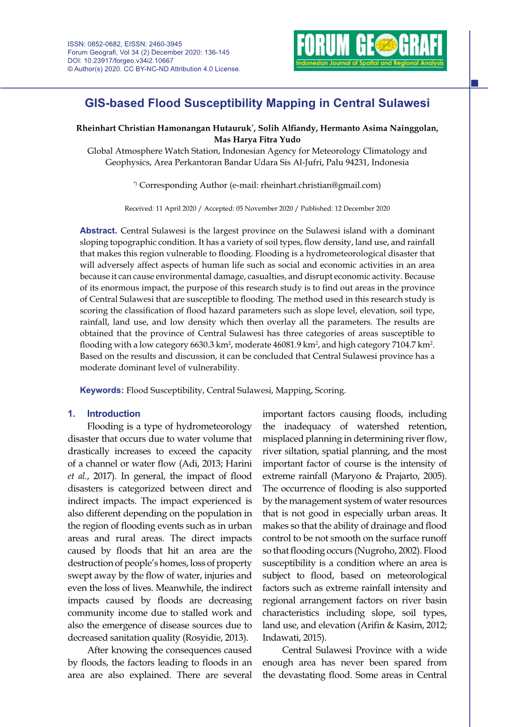 GIS-Based Flood Susceptibility Mapping in Central Sulawesi