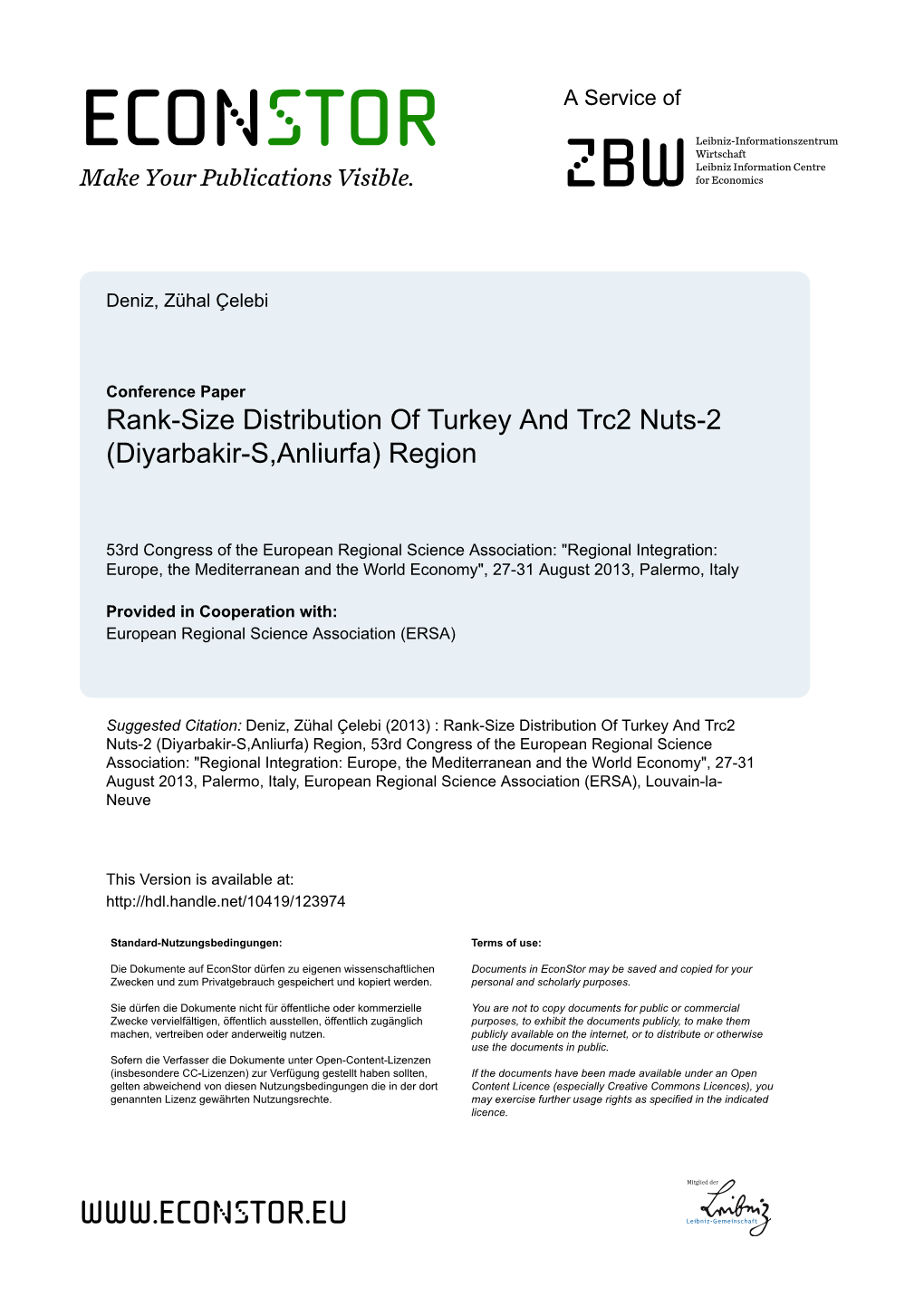 Rank-Size Distribution of Turkey and Trc2 Nuts-2 (Diyarbakir-S,Anliurfa) Region