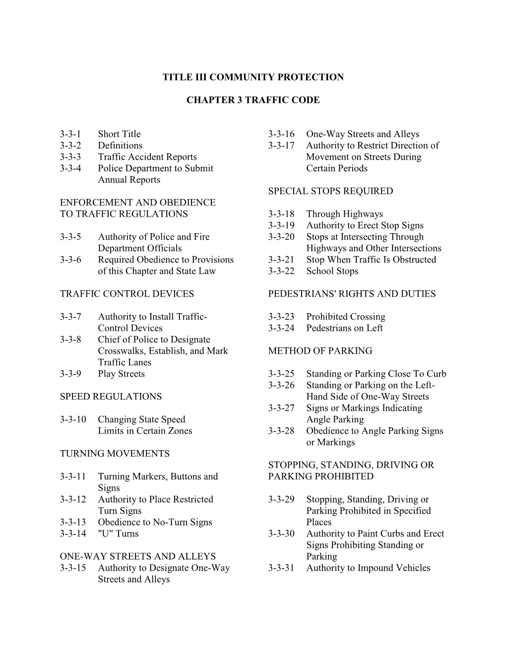 Title Iii Community Protection Chapter 3 Traffic Code 3-3-1