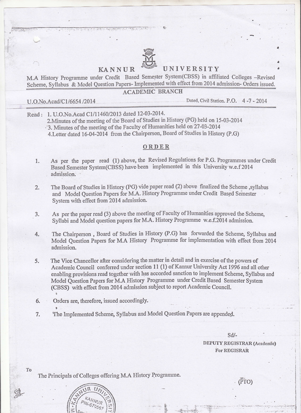 Univergity M.A History Programme Under Credit Based Seme.,Ster System(CBSS) in Affiliated Colleges -Revised