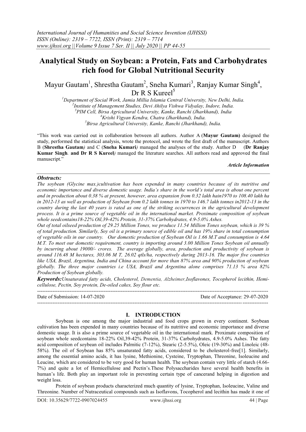 Analytical Study on Soybean: a Protein, Fats and Carbohydrates Rich Food for Global Nutritional Security