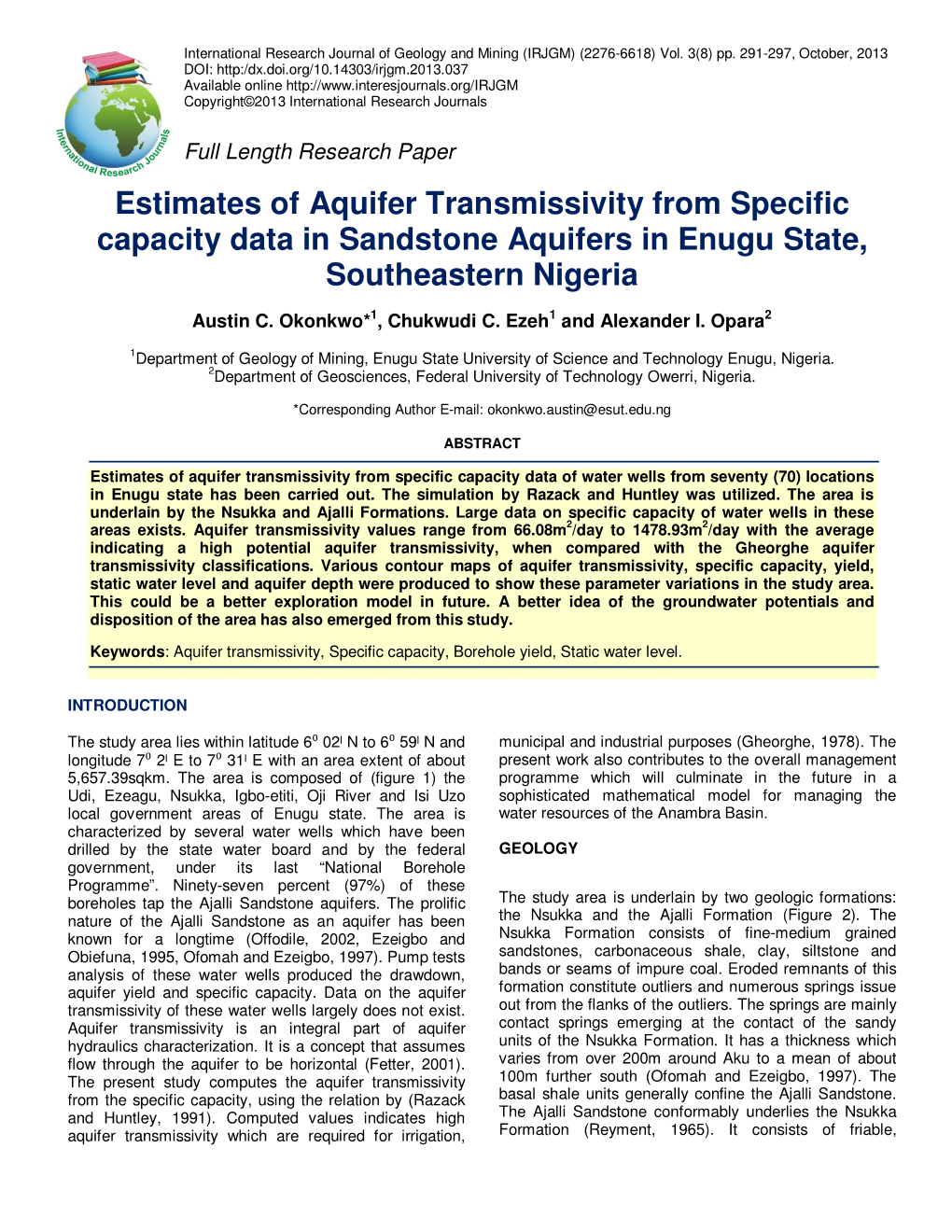 Estimates of Aquifer Transmissivity from Specific Capacity Data in Sandstone Aquifers in Enugu State, Southeastern Nigeria