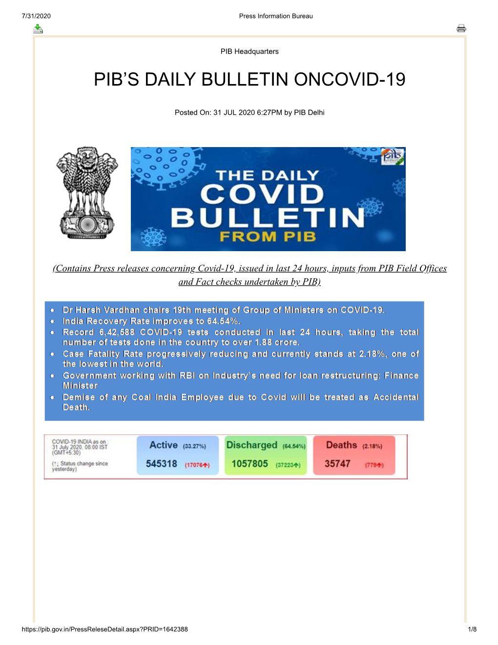 Pib's Daily Bulletin Oncovid-19