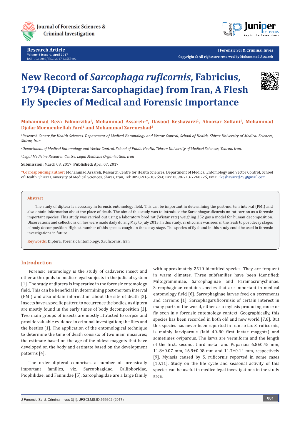 New Record of Sarcophaga Ruficornis, Fabricius, 1794 (Diptera: Sarcophagidae) from Iran, a Flesh Fly Species of Medical and Forensic Importance