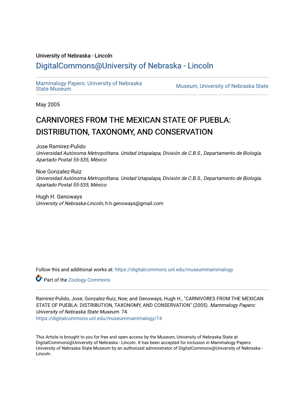 Carnivores from the Mexican State of Puebla: Distribution, Taxonomy, and Conservation