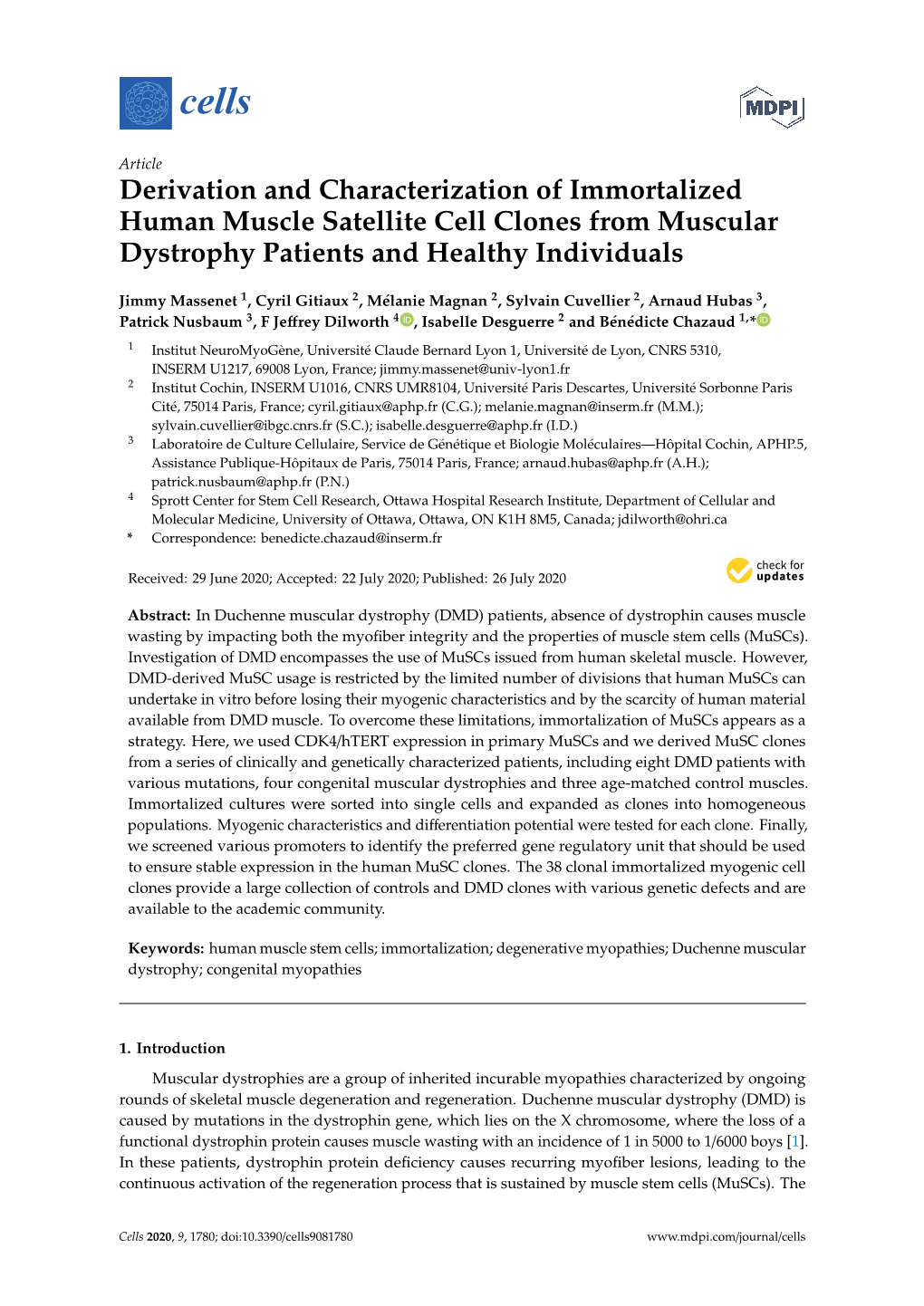 Derivation and Characterization of Immortalized Human Muscle Satellite Cell Clones from Muscular Dystrophy Patients and Healthy Individuals