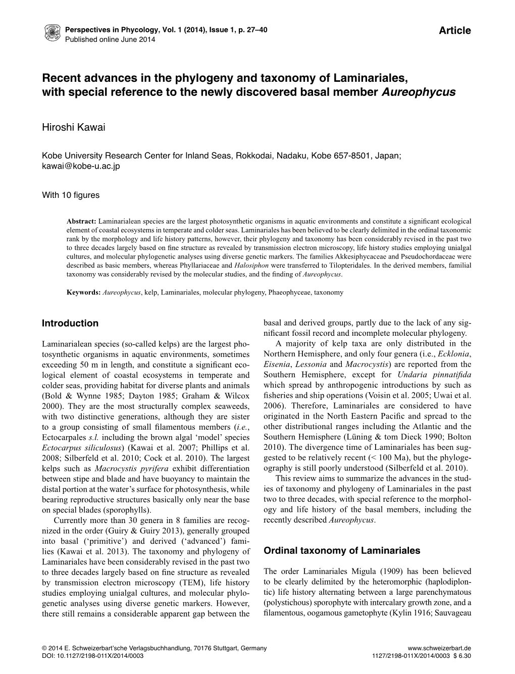 Recent Advances in the Phylogeny and Taxonomy of Laminariales, with Special Reference to the Newly Discovered Basal Member Aureophycus