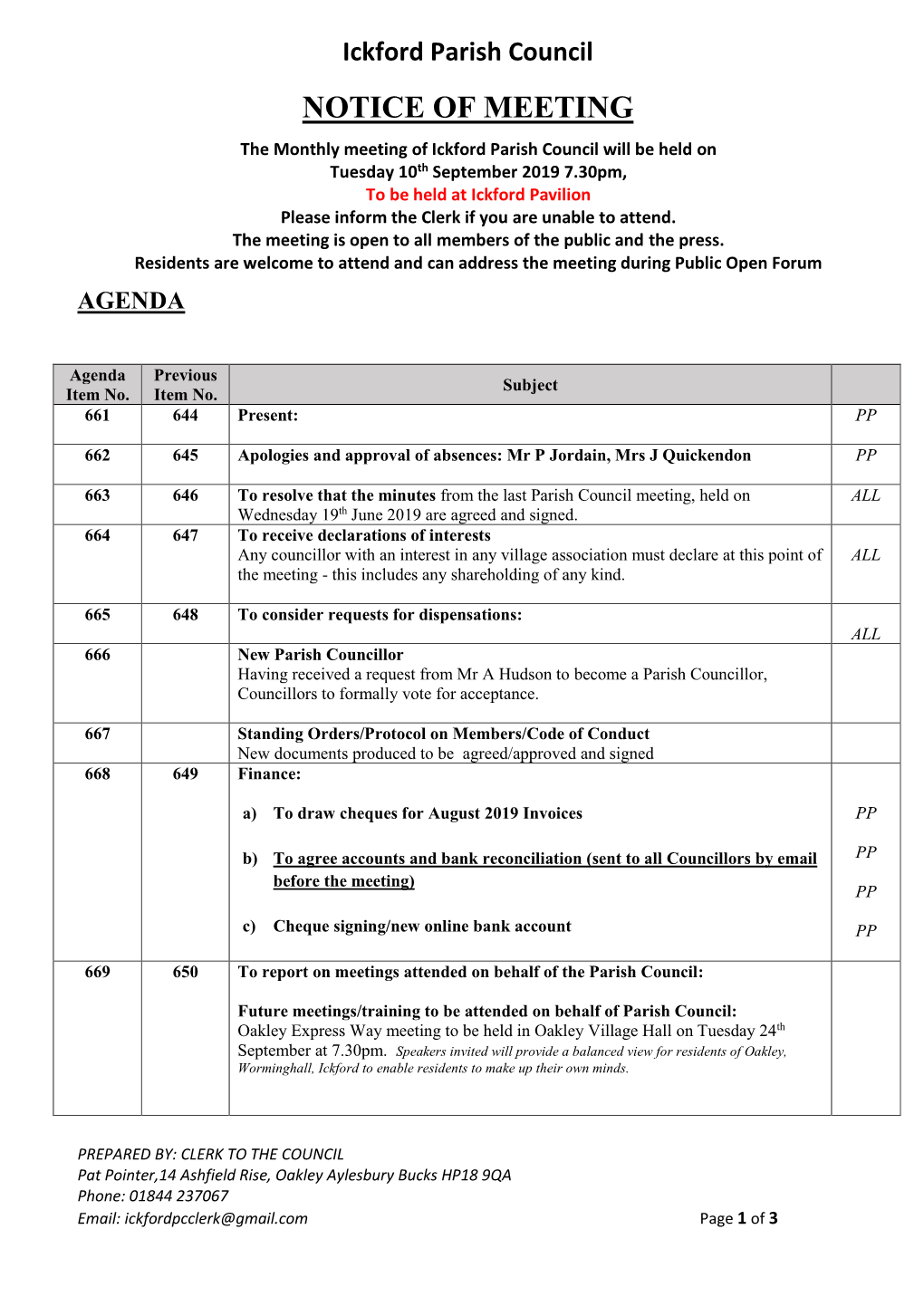 Ickford Agenda 10.09.2019