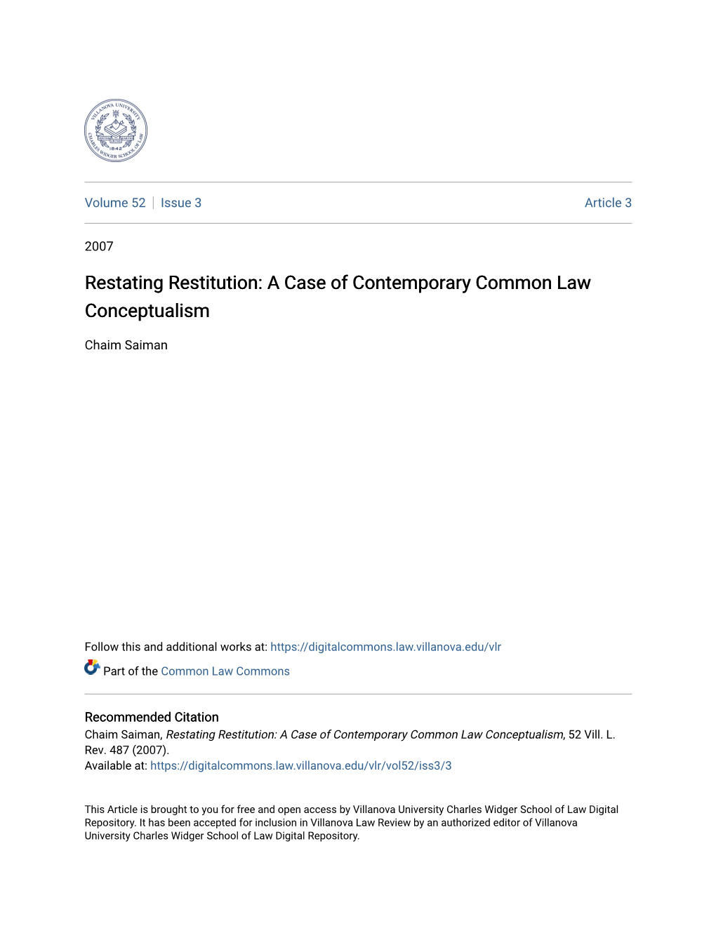 Restating Restitution: a Case of Contemporary Common Law Conceptualism