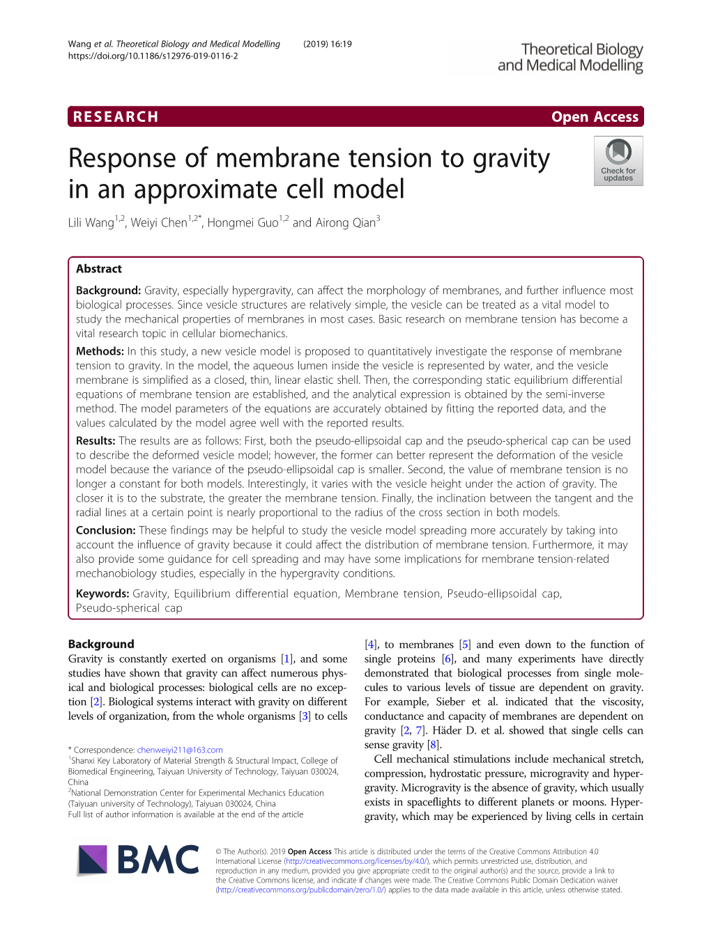 Response of Membrane Tension to Gravity in an Approximate Cell Model Lili Wang1,2, Weiyi Chen1,2*, Hongmei Guo1,2 and Airong Qian3