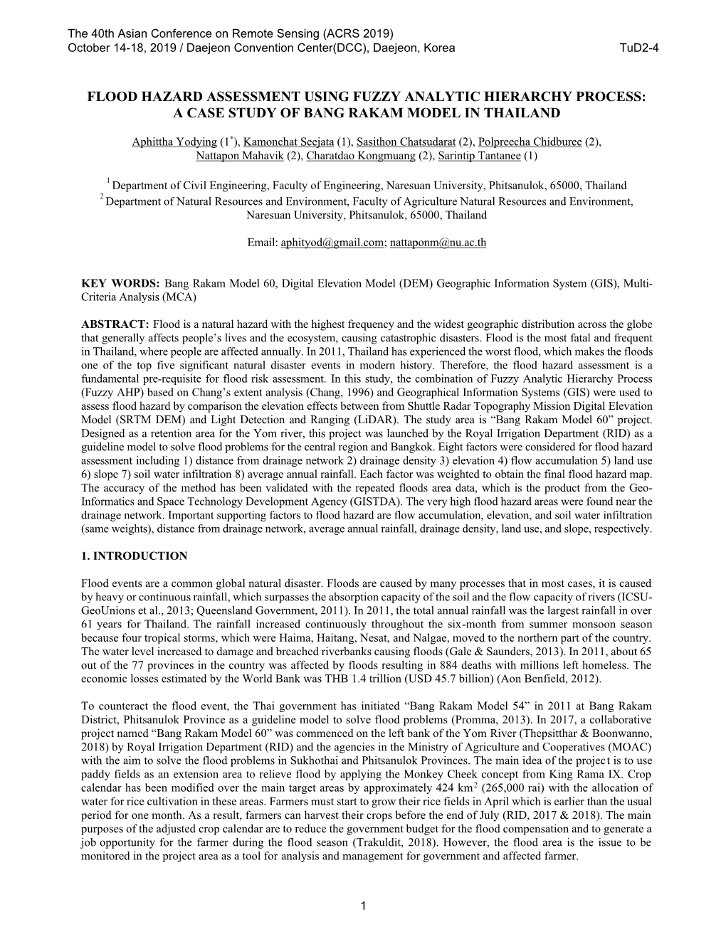 Flood Hazard Assessment Using Fuzzy Analytic Hierarchy Process: a Case Study of Bang Rakam Model in Thailand