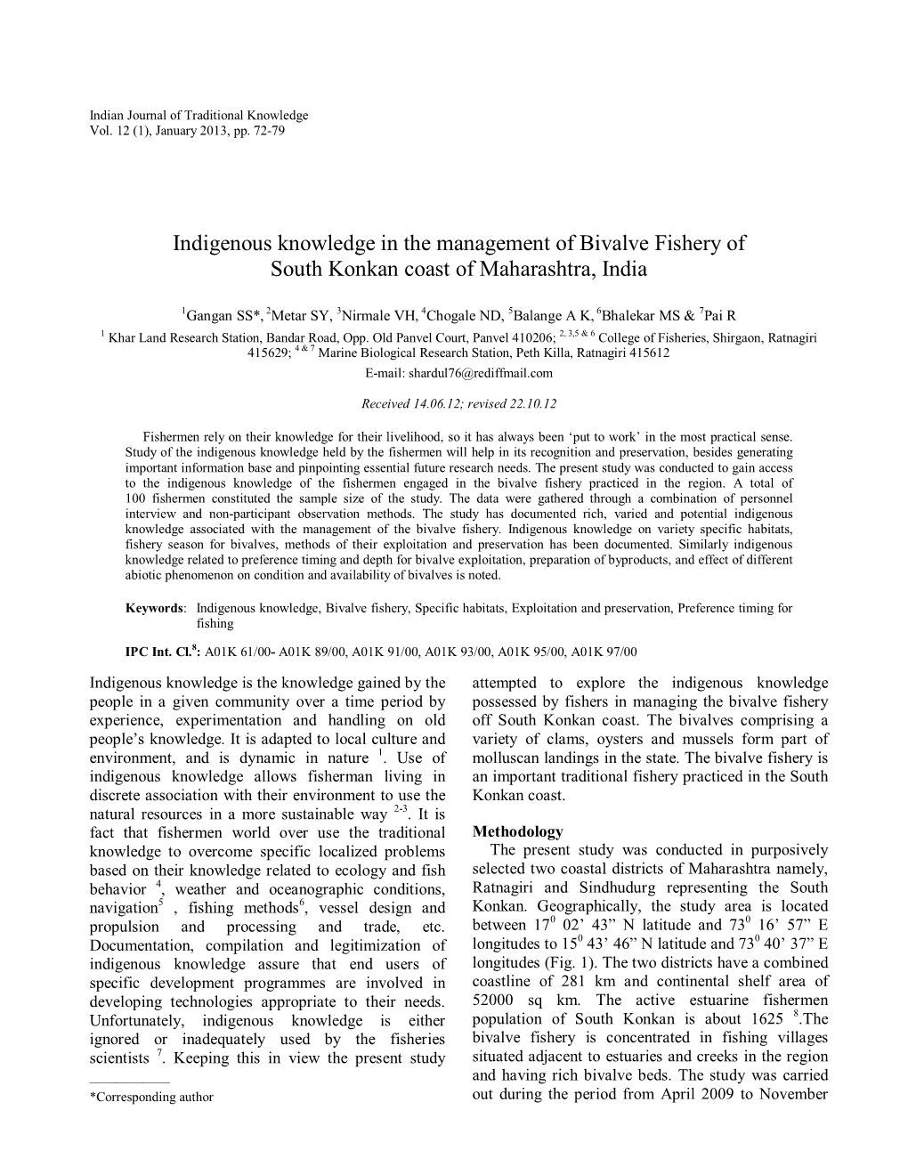 Indigenous Knowledge in the Management of Bivalve Fishery of South Konkan Coast of Maharashtra, India