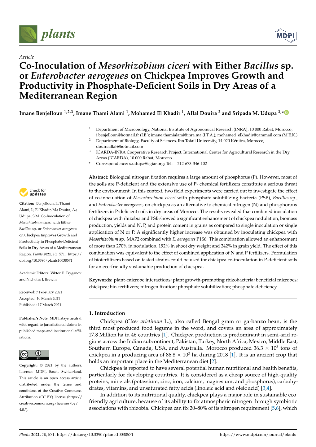 Co-Inoculation of Mesorhizobium Ciceri with Either Bacillus Sp. Or