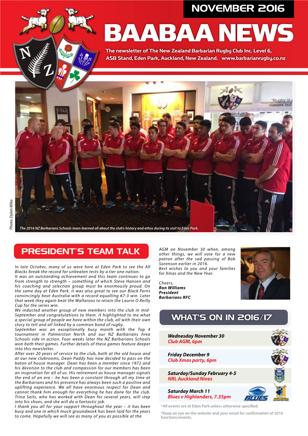 BAABAA NEWS the Newsletter of the New Zealand Barbarian Rugby Club Inc