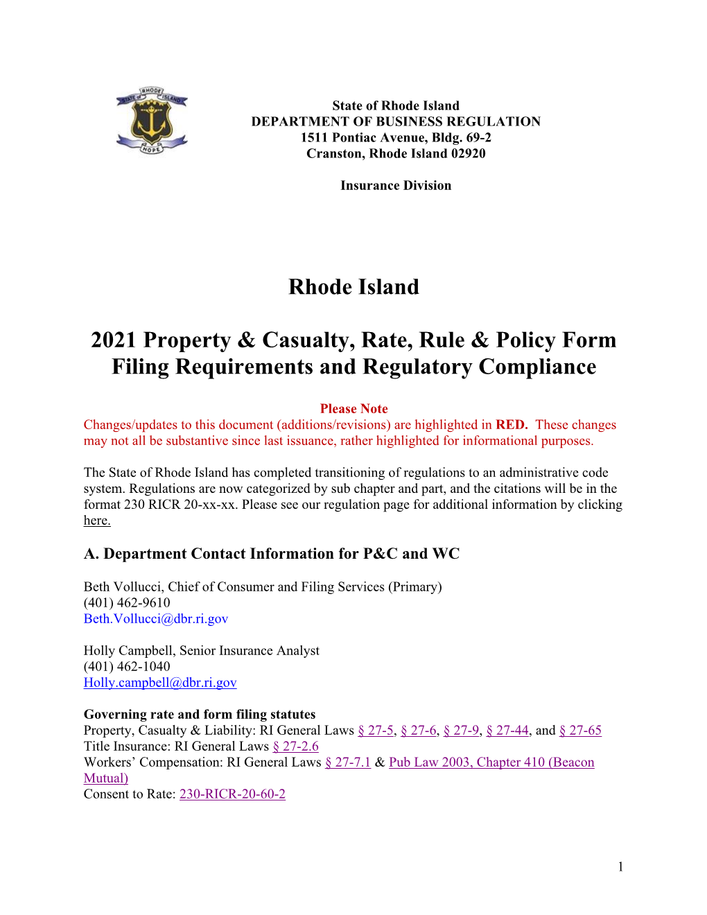 Instructions for Property & Casualty Rate, Rule and Form Filings