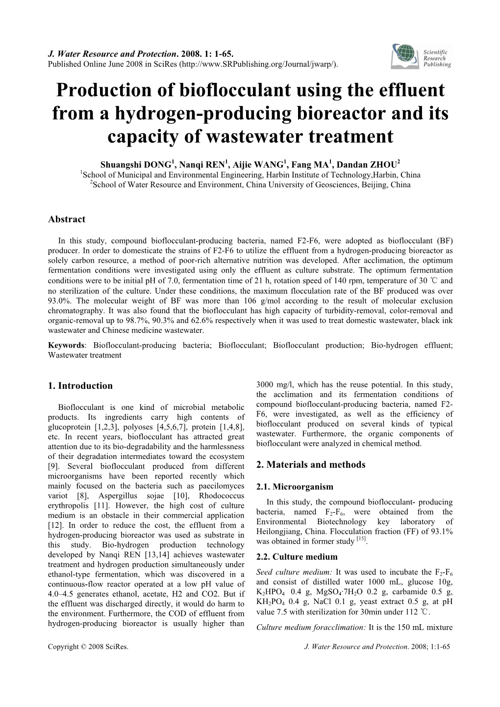 Production of Bioflocculant Using the Effluent from a Hydrogen-Producing Bioreactor and Its Capacity of Wastewater Treatment