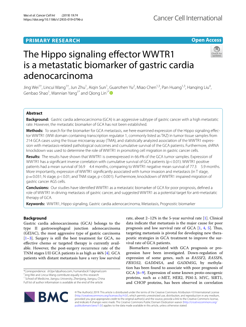 The Hippo Signaling Effector WWTR1 Is a Metastatic Biomarker of Gastric