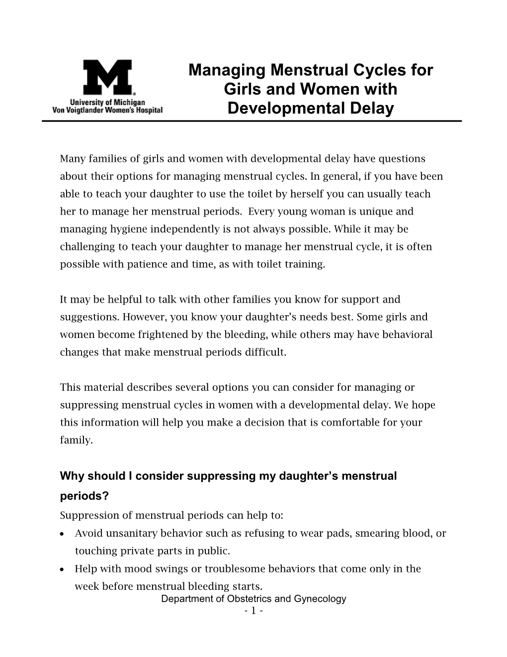 Managing Menstrual Cycles for Girls and Women with Developmental Delay