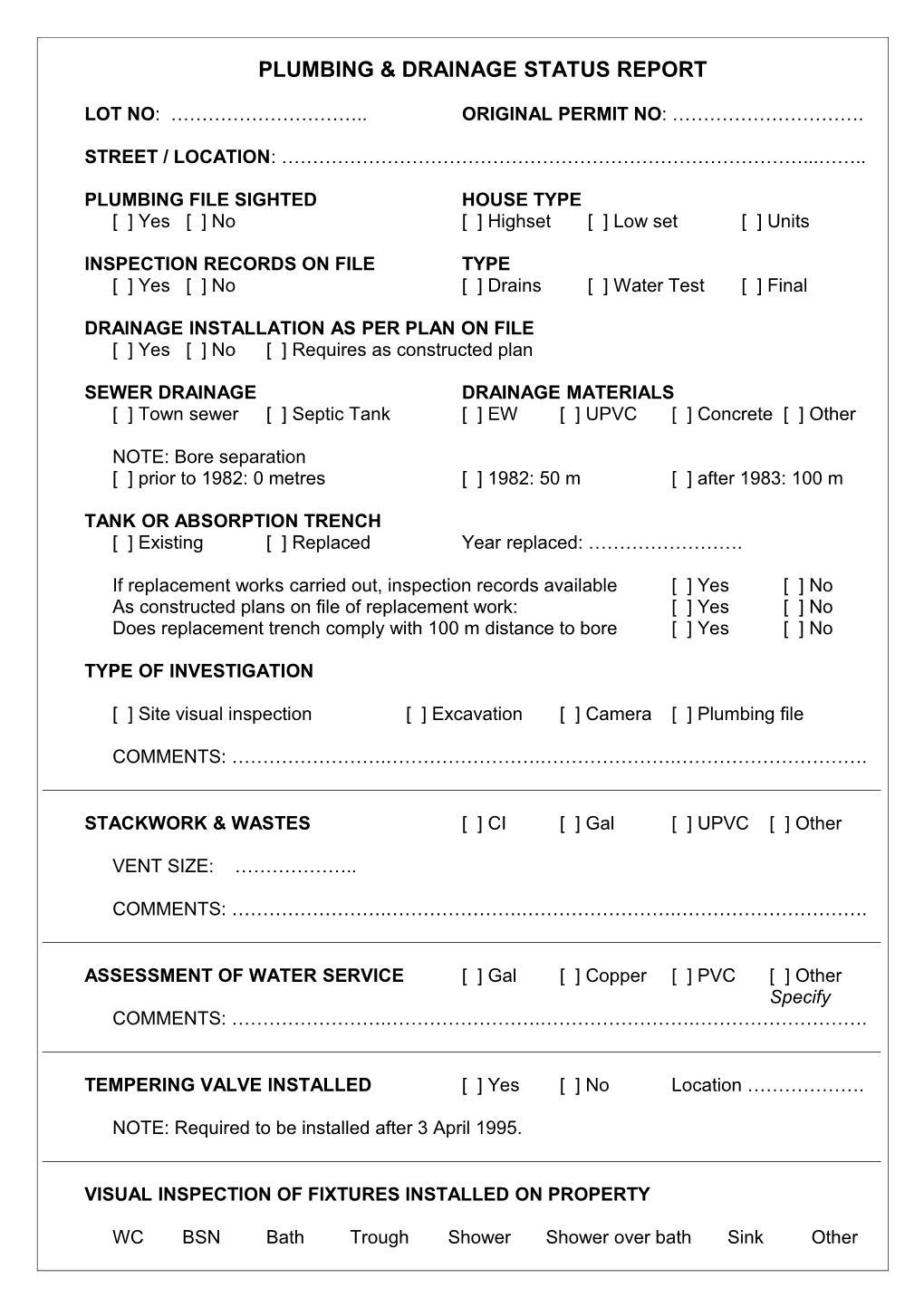 Plumbing and Drainage Status Report