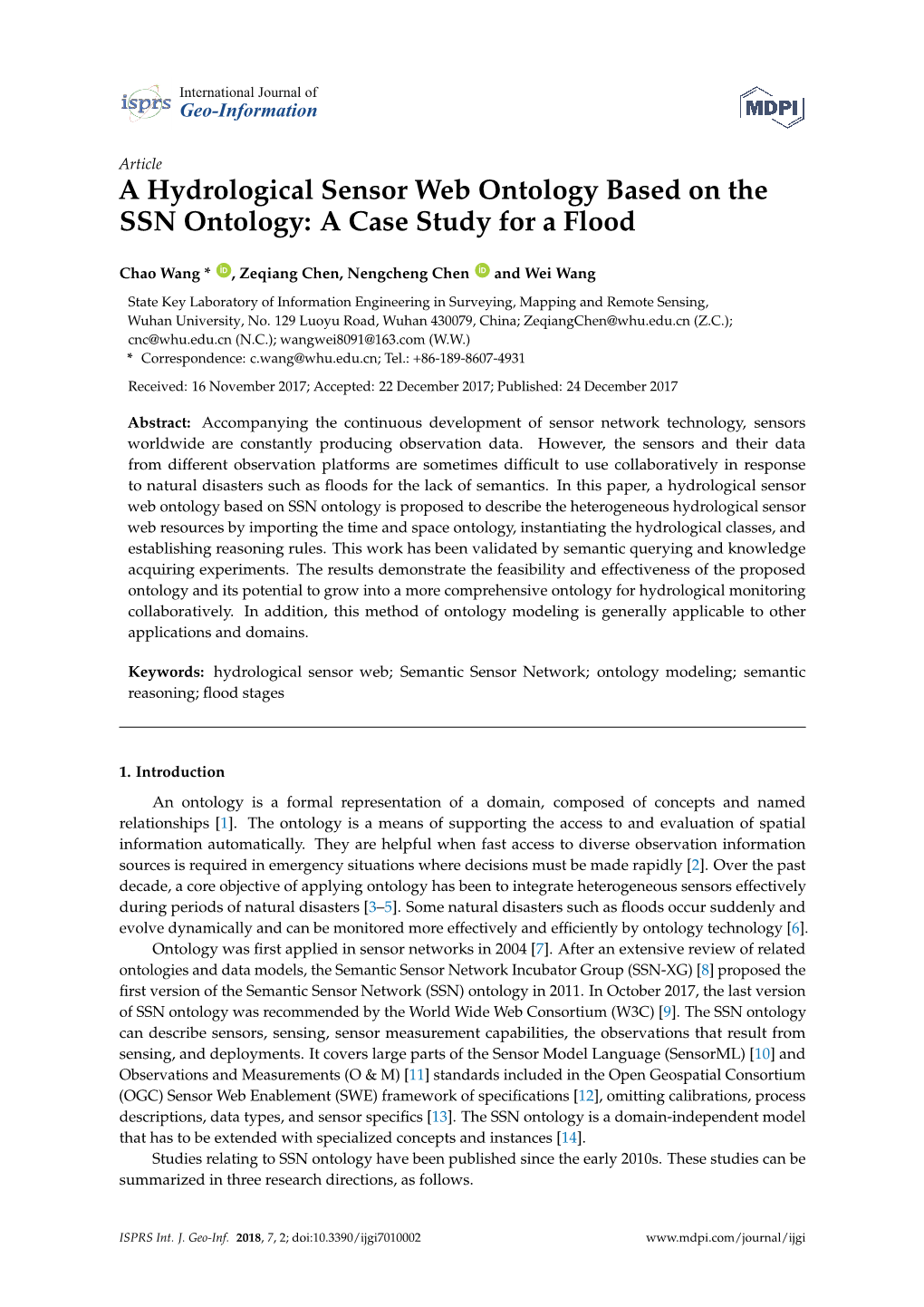 A Hydrological Sensor Web Ontology Based on the SSN Ontology: a Case Study for a Flood