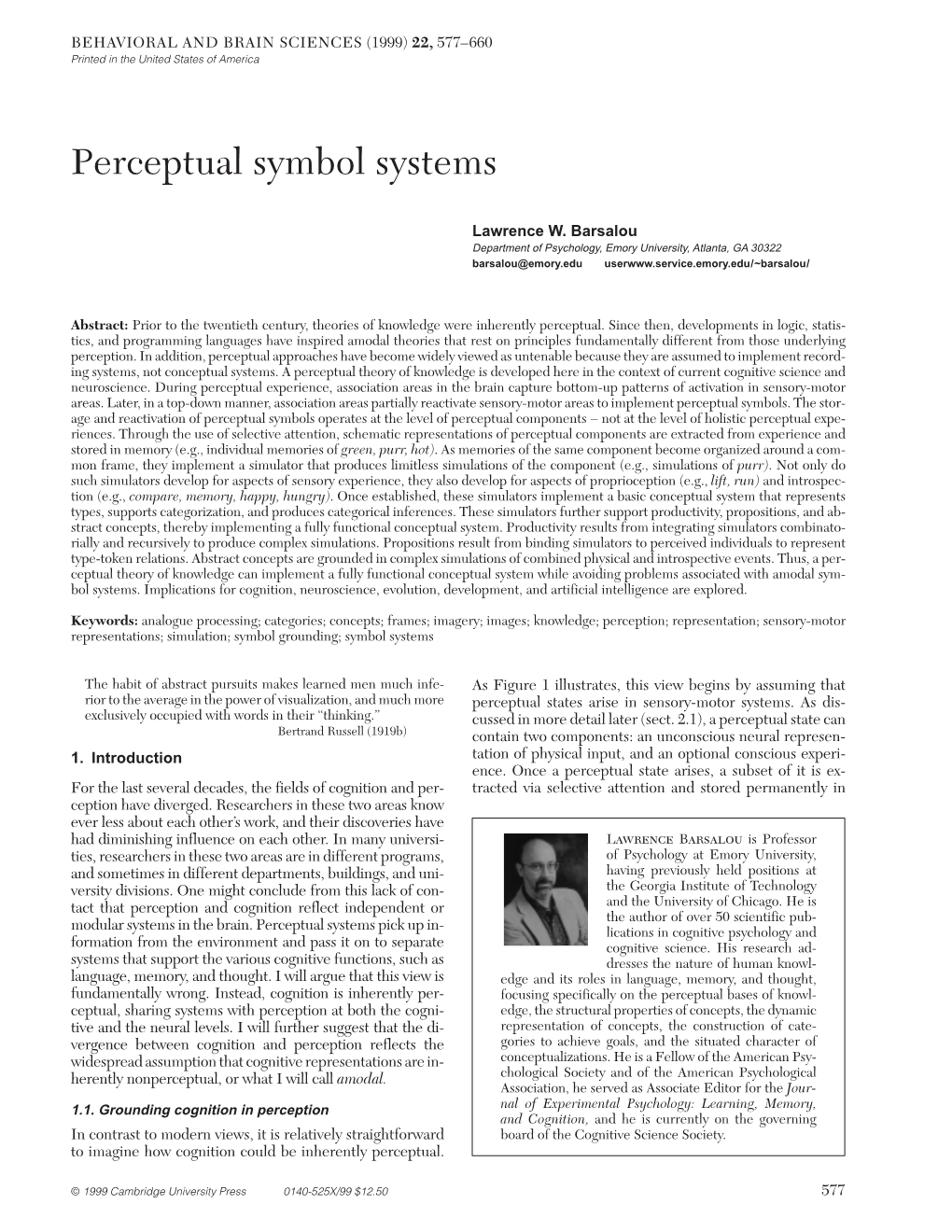 Perceptions of Perceptual Symbols Science Evidence Implicates Sensory-Motor Regions of the Brain in Knowledge Representation (Sect